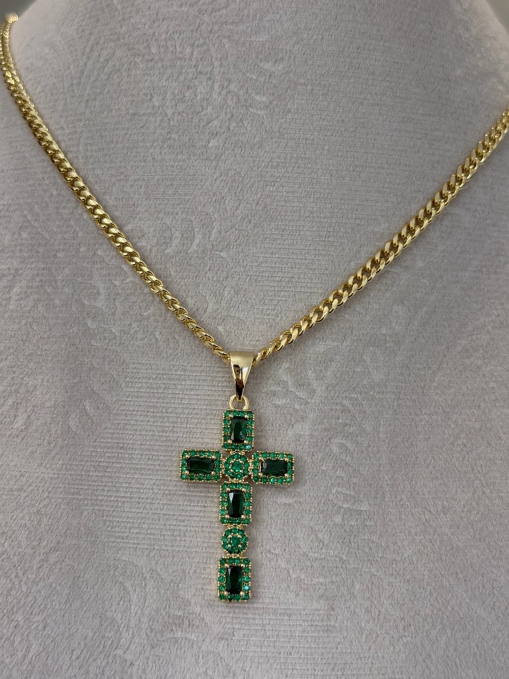 14K Gold Filled Cuban Necklace with Cross Emerald Green Stones